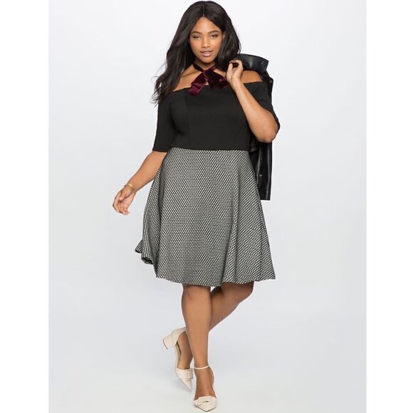 Eloquii Black White Off The Shoulder Mixed Media Dress Plus Size 24 NWT - Picture 1 of 6